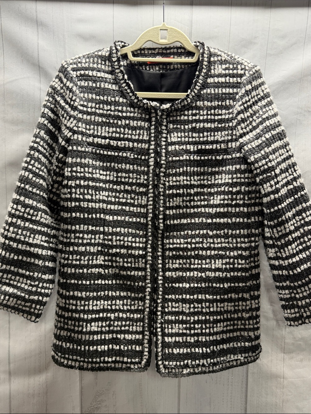 Alice + Olivia Luci Black Gray White Silver Metallic Tweed Jacket Blazer Large